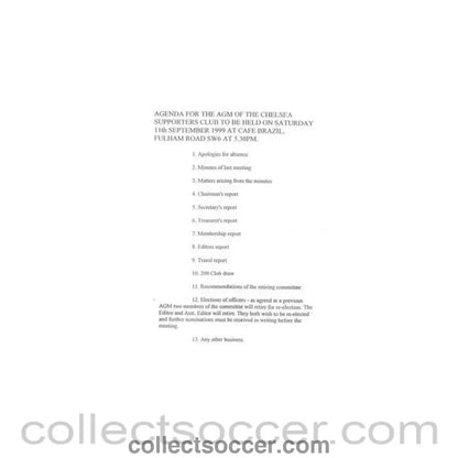 1999 - Agenda of Chelsea Supporters’ Club Meeting on 11/09/1999