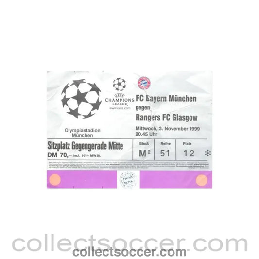 1999 - Bayern Munich v Glasgow Rangers ticket 03/11/1999 Champions League