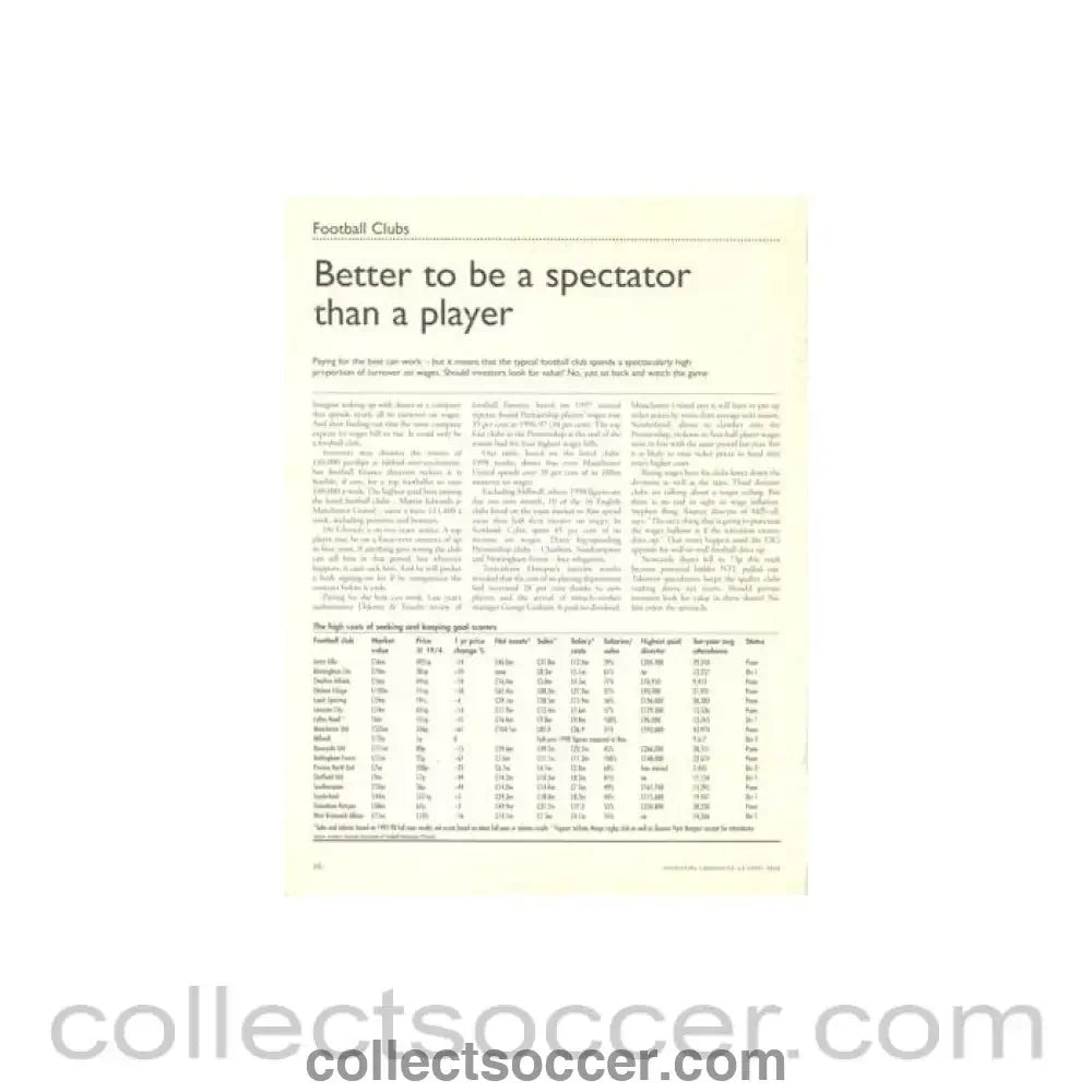 1999 - Better To Be A Spectator Than A Player - articleof Investors Chronicle 23/04/1999 - Collect Soccer