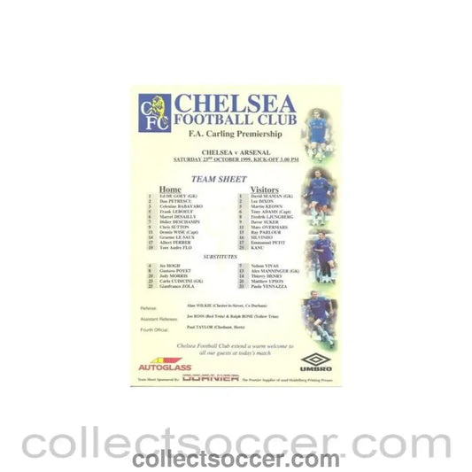 1999 - Chelsea v Arsenal official colour teamsheet 23/10/1999 Premier League