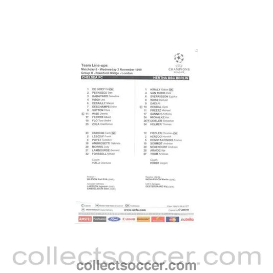 1999 - Chelsea v Hertha Berlin teamsheet 03/11/1999 Champions League