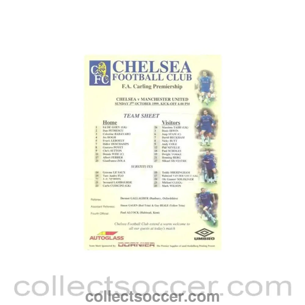 1999 - Chelsea v Manchester United official colour teamsheet 03/10/1999 Premier League