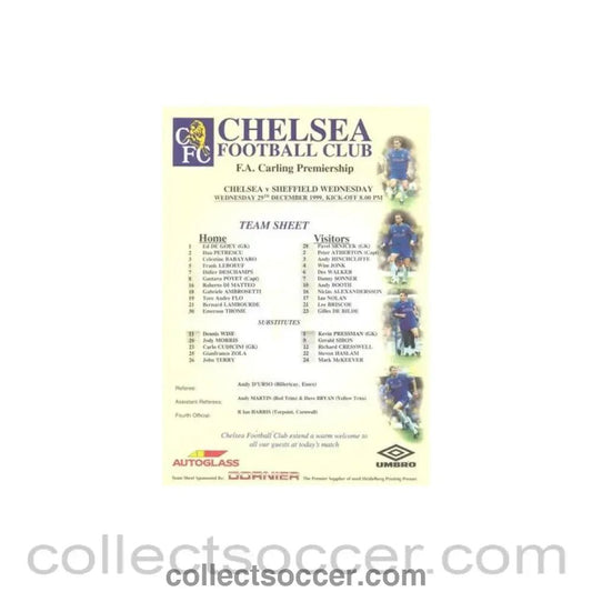 1999 - Chelsea v Sheffield Wednesday official colour teamsheet 29/12/1999 Premier League - Collect Soccer