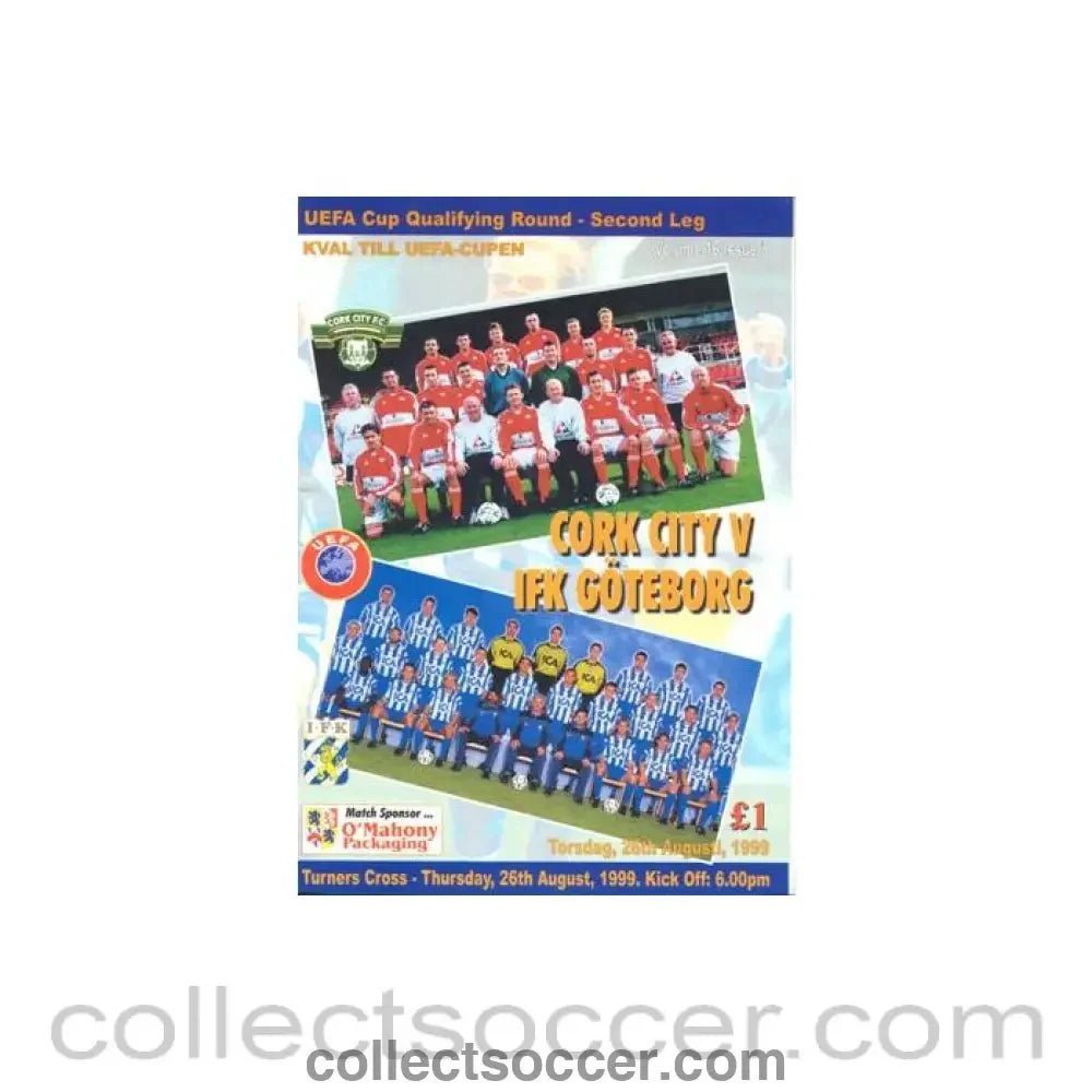 1999 - Cork City v Goteborg official programme 26/08/1999 UEFA Cup - Collect Soccer