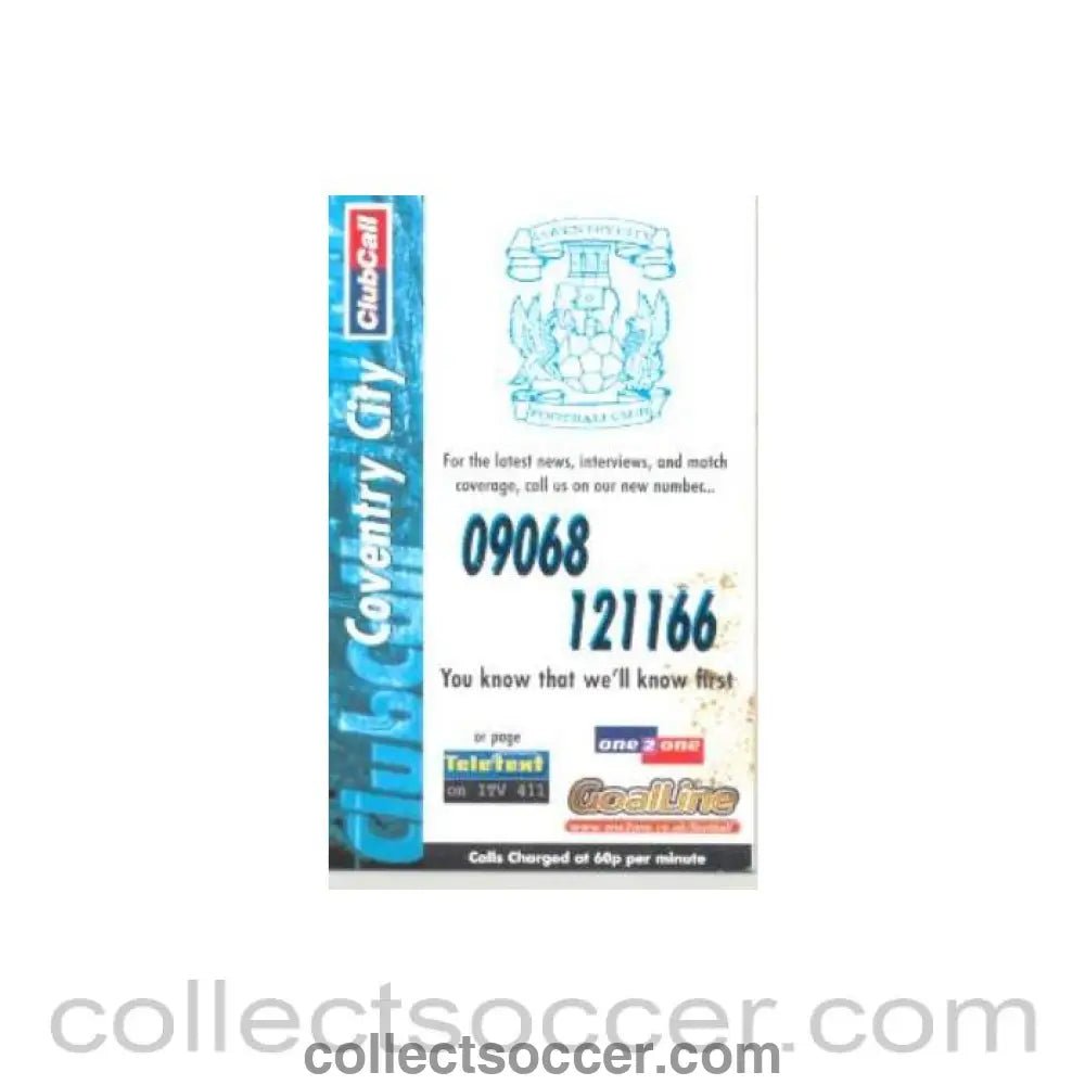 1999 - Coventry City Fixtures 1999-2000 - Collect Soccer