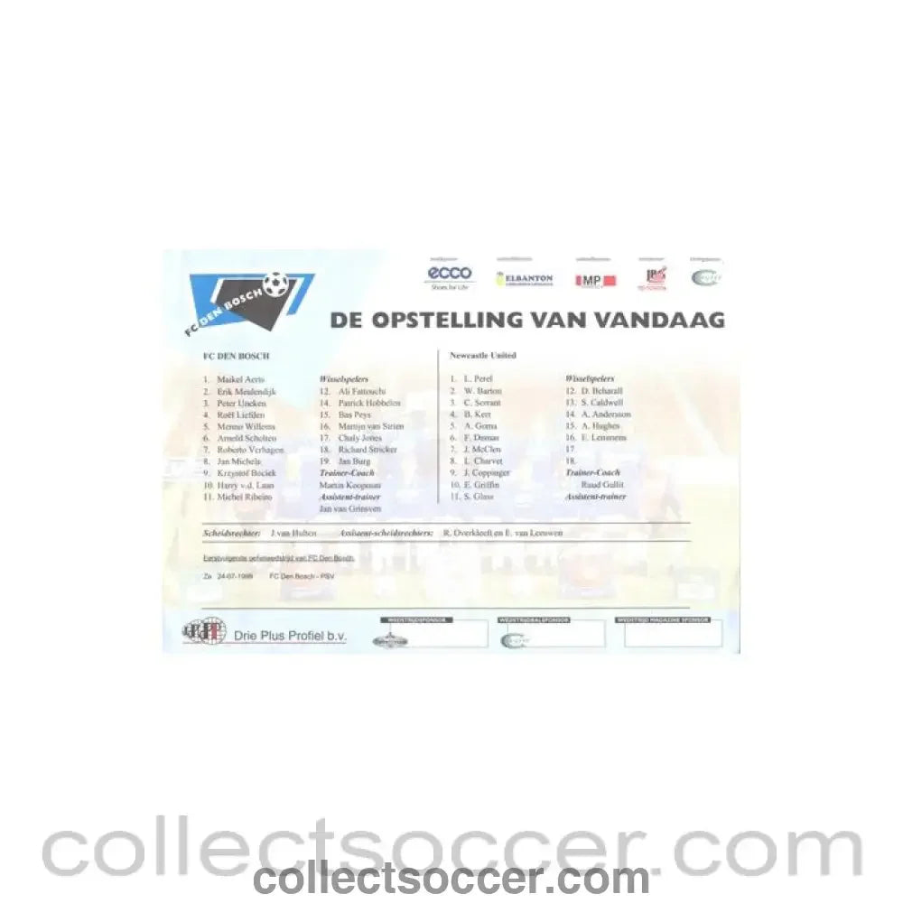 1999 - Den Bosch v Newcastle United official colour teamsheet 24/07/1999