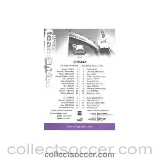 1999 - Derby County v Chelsea official colour teamsheet 30/10/1999 Premier League - Collect Soccer