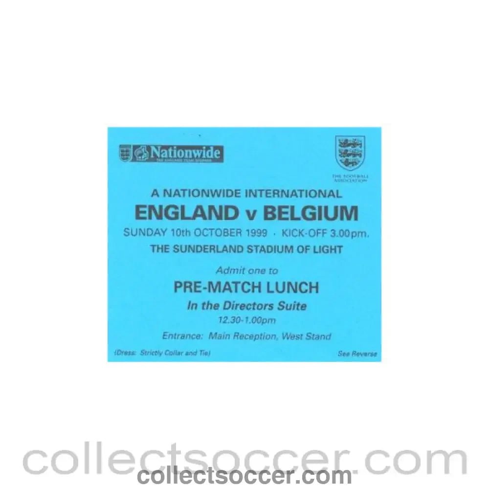 1999 - England v Belgium 10/10/1999 pass to Pre-Match Lunch In the Directors Suite - Collect Soccer