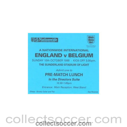 1999 - England v Belgium 10/10/1999 pass to Pre-Match Lunch In the Directors Suite
