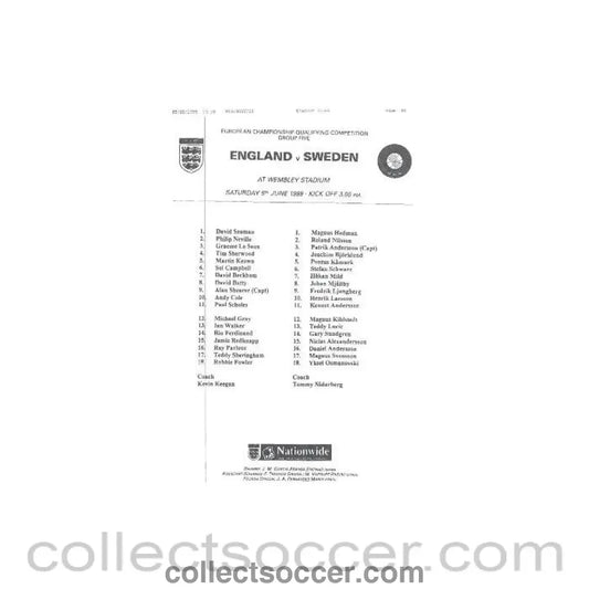 1999 - England v Sweden teamsheet 05/06/1999 - Collect Soccer