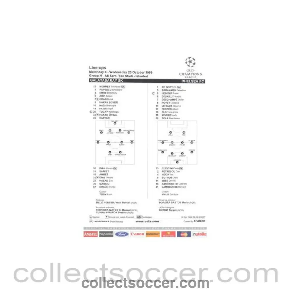1999 - Galatasaray v Chelsea line-ups 20/10/1999 Champions League
