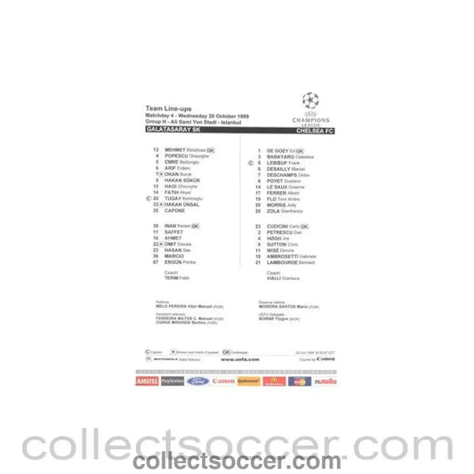 1999 - Galatasaray v Chelsea official colour teamsheet 20/10/1999 Champions League