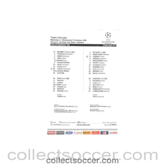 1999 - Galatasaray v Chelsea official colour teamsheet 20/10/1999 Champions League reduced price