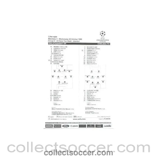1999 - Galatasaray v Chelsea official line-ups 20/10/1999