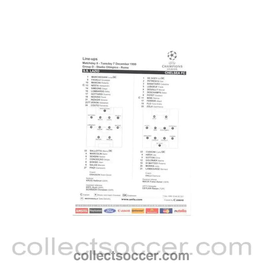 1999 - Lazio v Chelsea line-ups 07/12/1999 Champions League
