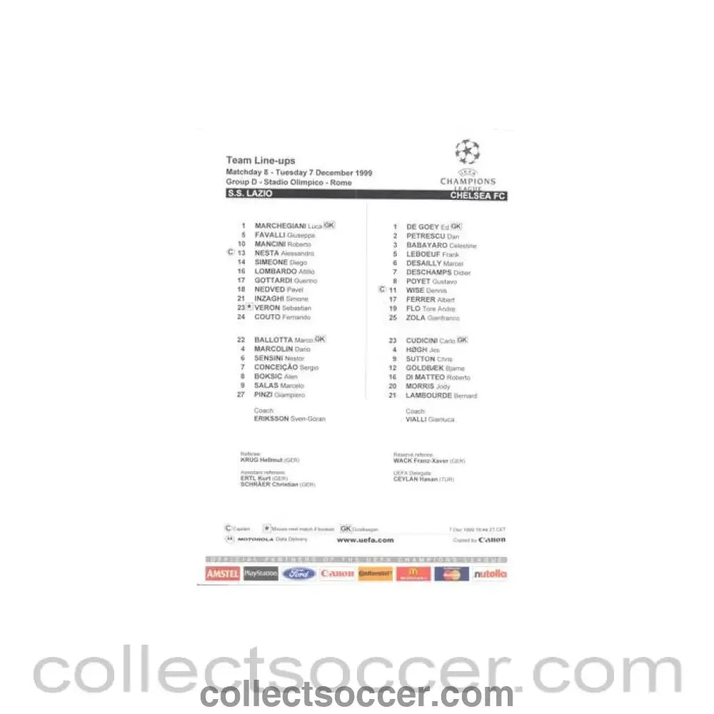 1999 - Lazio v Chelsea official colour teamsheet 07/12/1999 Champions League - Collect Soccer