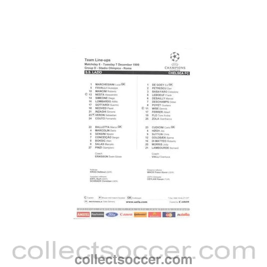1999 - Lazio v Chelsea official colour teamsheet 07/12/1999 Champions League