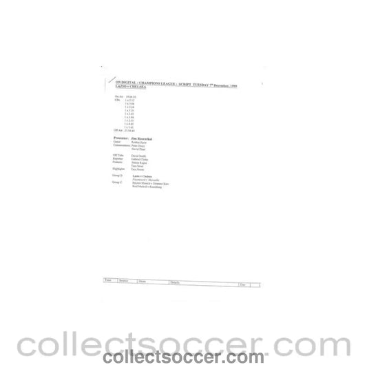 1999 - Lazio v Chelsea On Digital original BBC TV Script of presenter Jim Rosenthal 07/12/1999 Champions League
