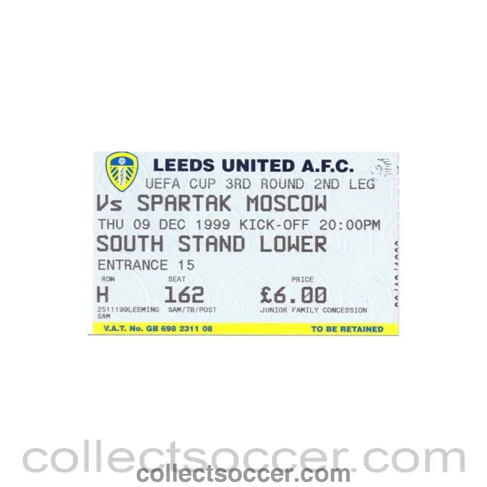 1999 - Leeds United v Spartak Moscow ticket 09/12/1999 UEFA Cup - Collect Soccer