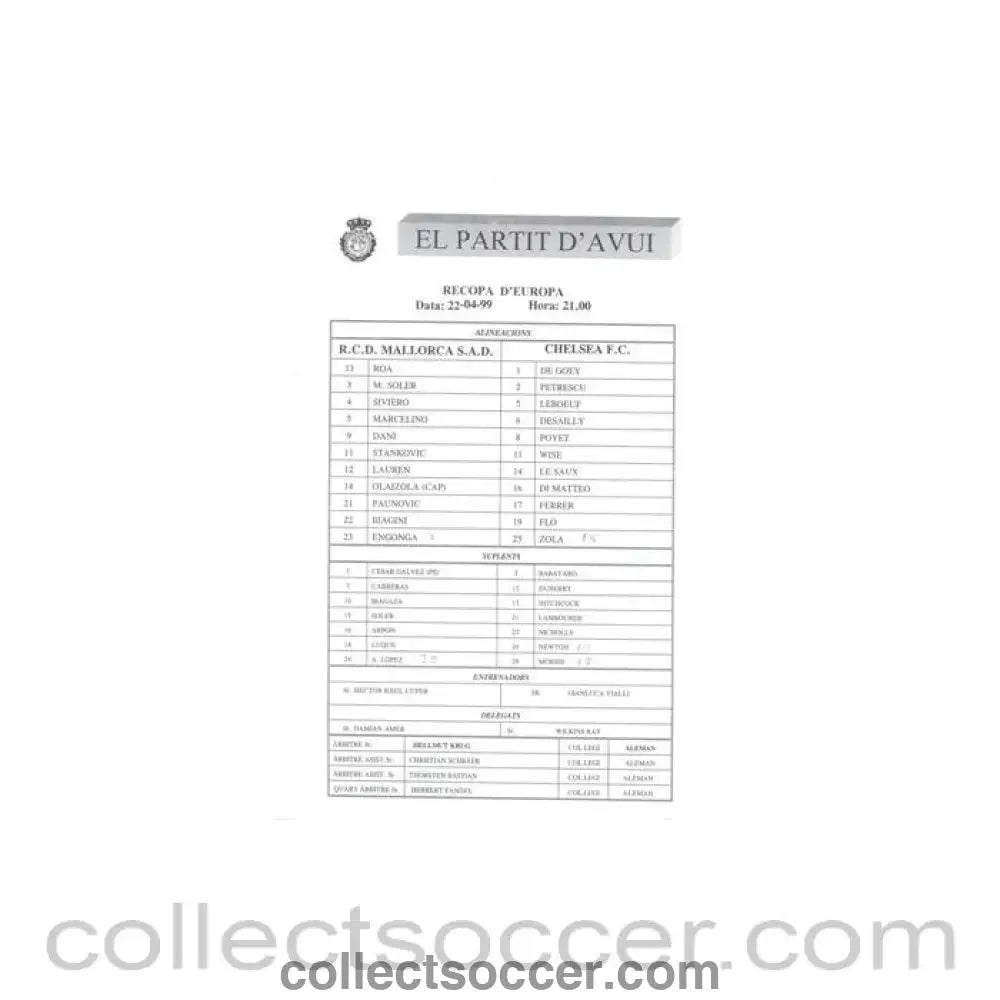 1999 - Majorca v Chelsea official teamsheet 22/04/1999 Cup Winners Cup Semi - Final - Collect Soccer
