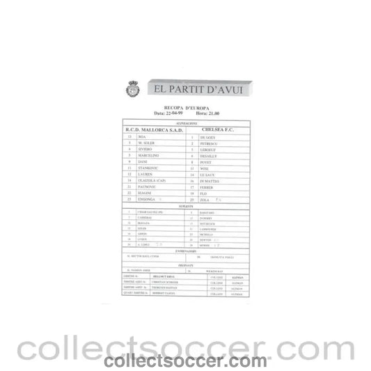 1999 - Majorca v Chelsea official teamsheet 22/04/1999 Cup Winners Cup Semi - Final - Collect Soccer