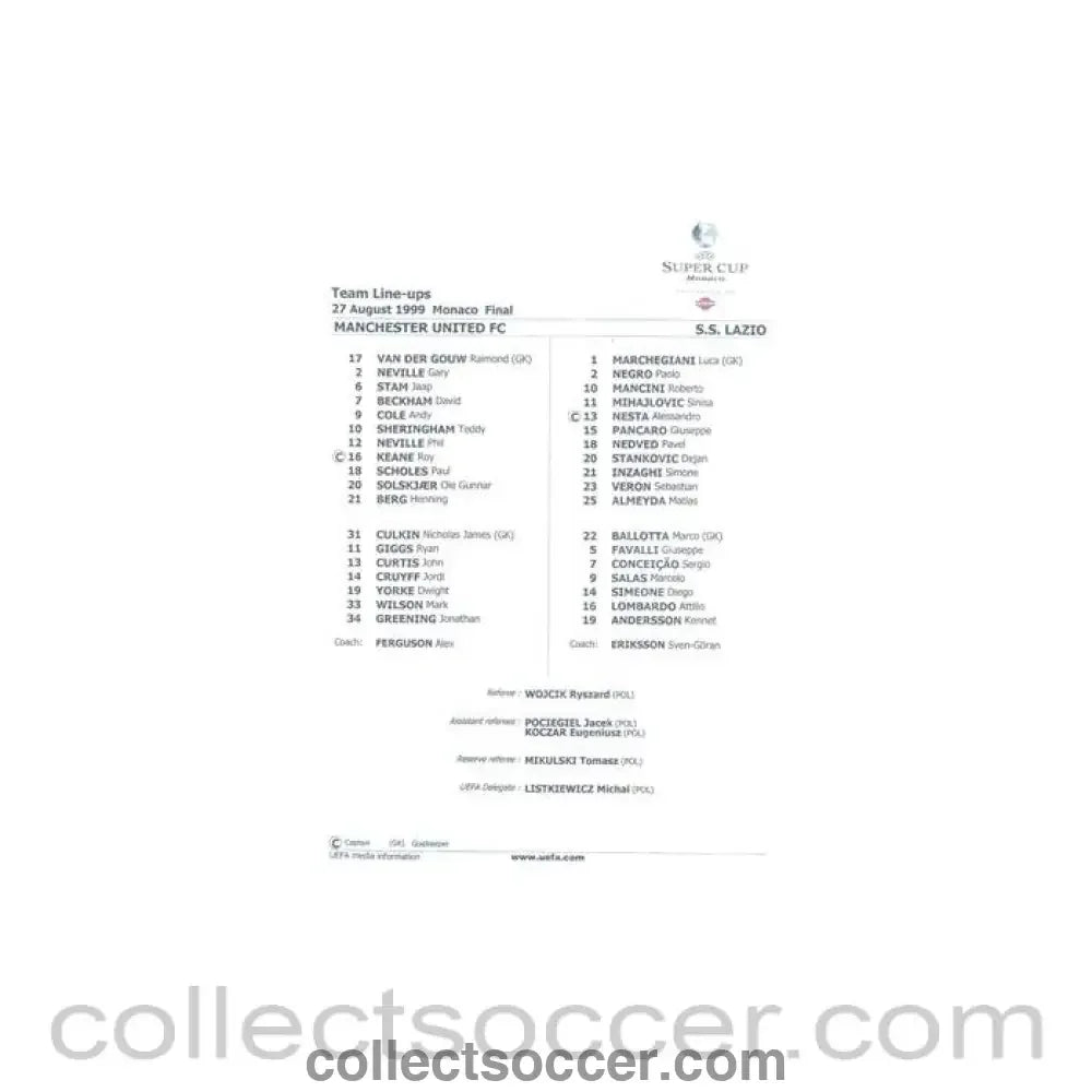 1999 - Manchester United v Lazio official colour teamsheet 27/08/1999 Super Cup - Collect Soccer