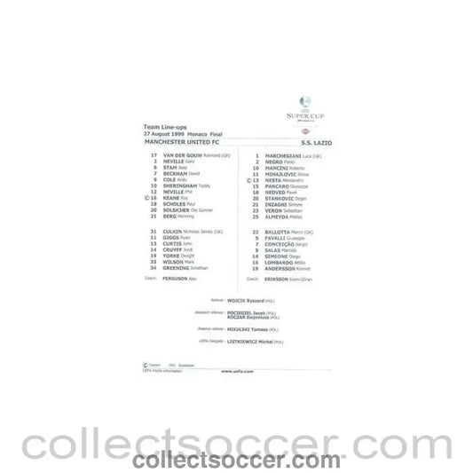 1999 - Manchester United v Lazio official colour teamsheet 27/08/1999 Super Cup