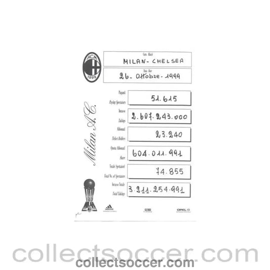 1999 - Milan v Chelsea 26/10/1999 Spectators & Profit Statistics for the Media