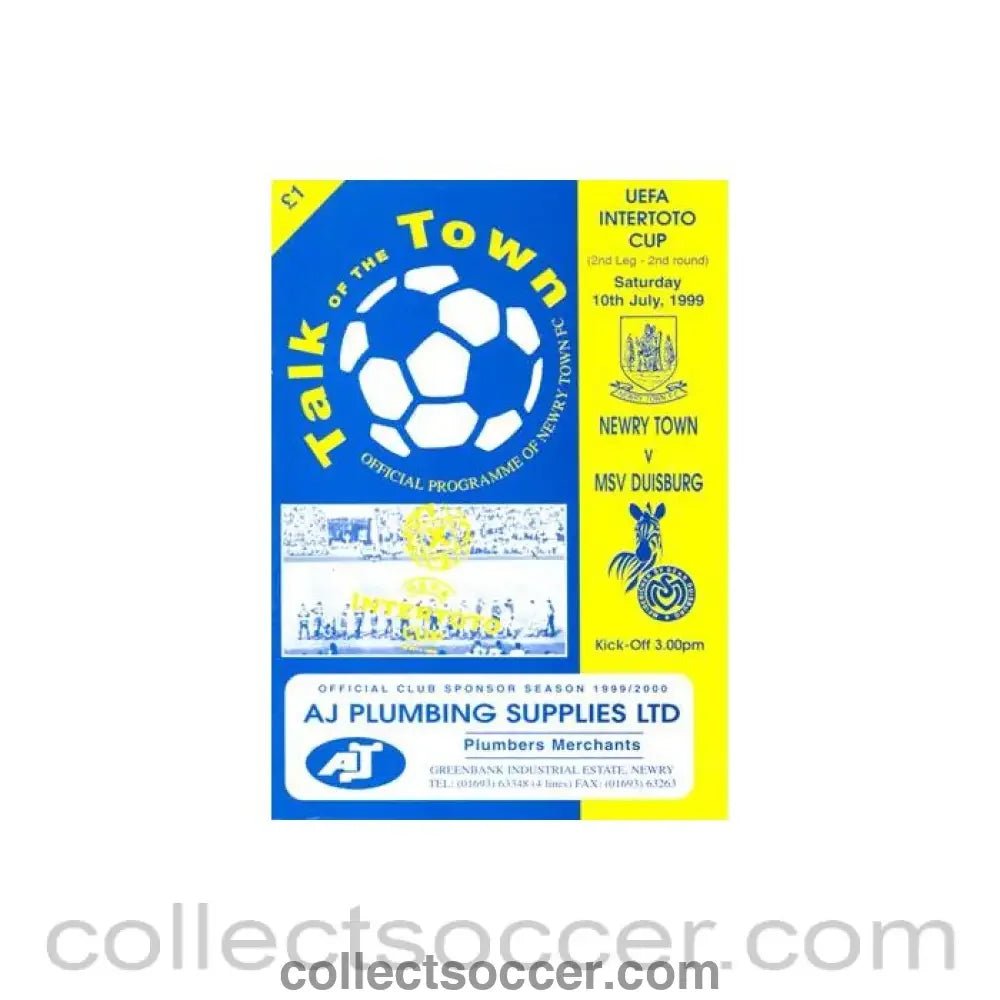 1999 - Newry Town v Duisburg official programme 10/07/1999 Intertoto Cup - Collect Soccer