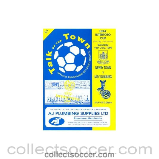 1999 - Newry Town v Duisburg official programme 10/07/1999 Intertoto Cup - Collect Soccer
