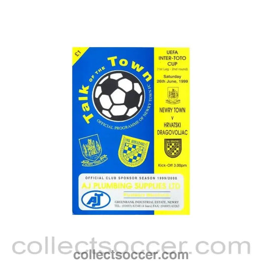 1999 - Newry Town v Harvatski Dragovoljac official programme 26/06/1999 Intertoto Cup - Collect Soccer
