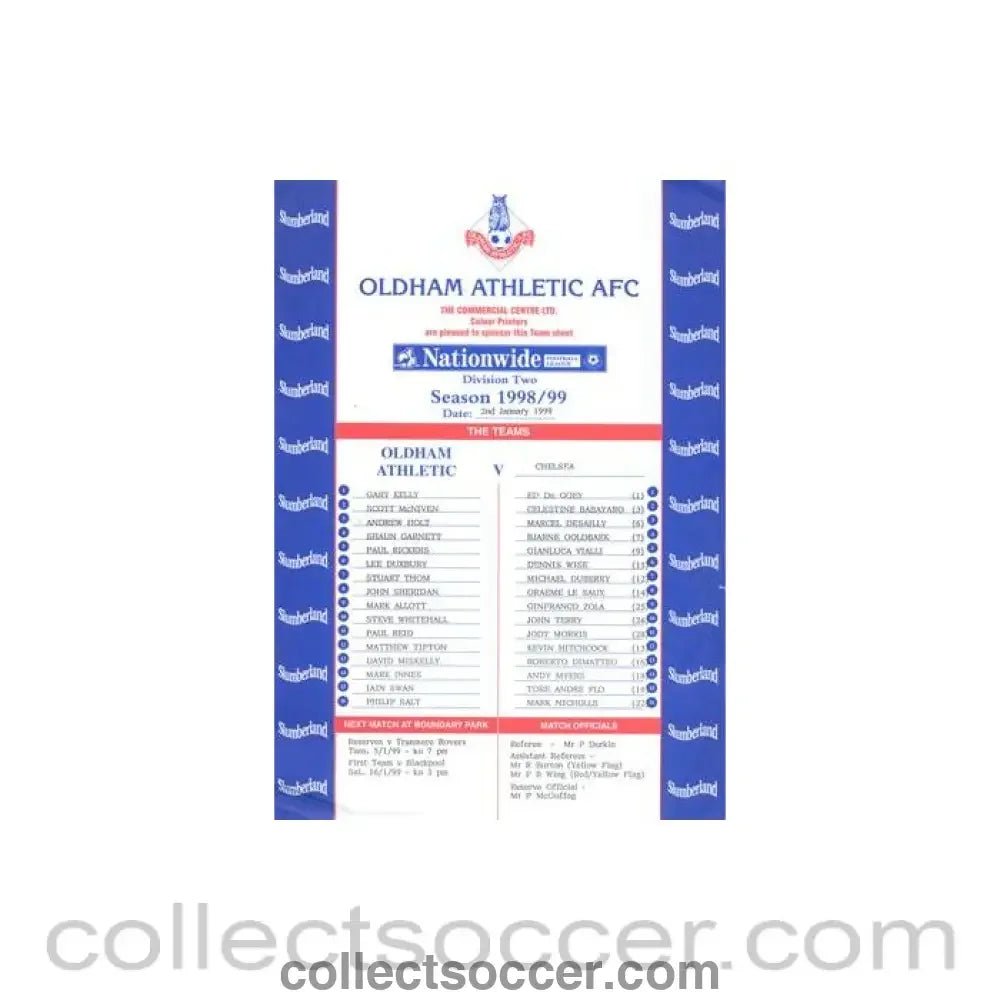 1999 - Oldham Athletic v Chelsea official colour teamsheet 02/01/1999 Football League - Collect Soccer