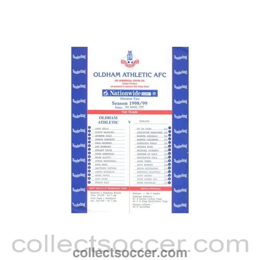 1999 - Oldham Athletic v Chelsea official colour teamsheet 02/01/1999 Football League - Collect Soccer