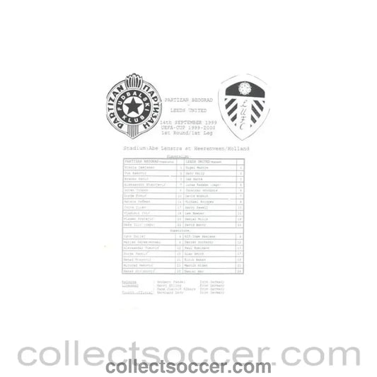1999 - Partizan Belgrade v Leeds United teamsheet 14/09/1999 - Collect Soccer