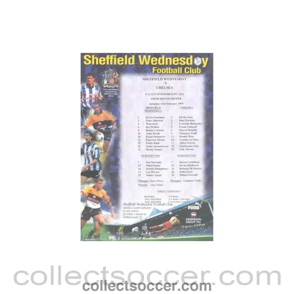 1999 - Sheffield Wednesday v Chelsea official colour teamsheet 13/02/1999 F.A. Cup