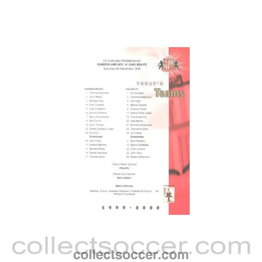 1999 - Sunderland v Chelsea official colour teamsheet 04/12/1999 Premier League