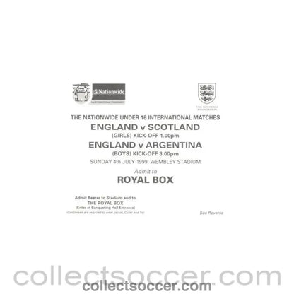 1999 - U16 International Tournament at Wembley 04/07/1999 pass to the Royal Box - Collect Soccer