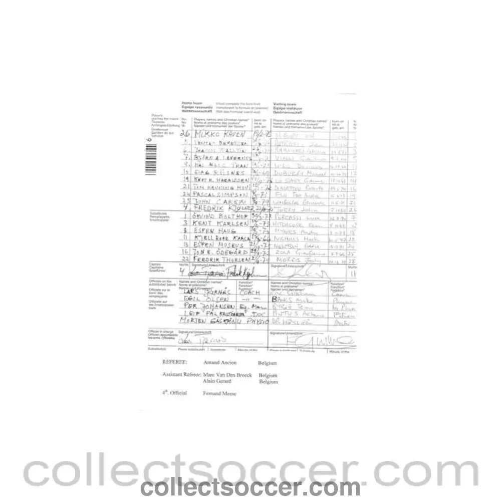 1999 - Valerenga v Chelsea teamsheet 18/03/1999 - Collect Soccer
