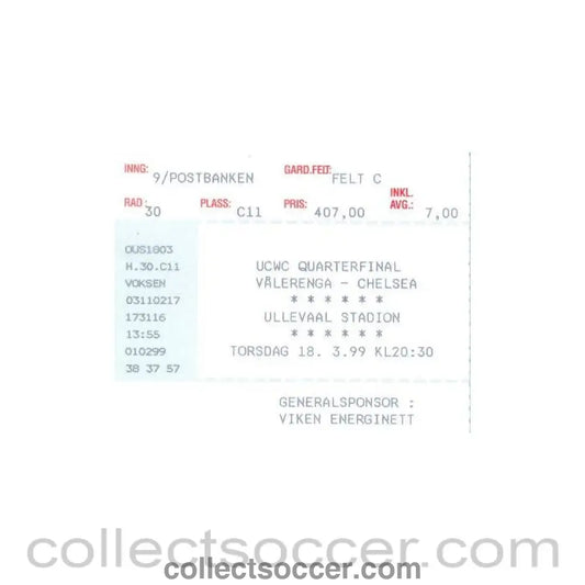 1999 - Valerenga v Chelsea ticket 18/03/1999 - Collect Soccer