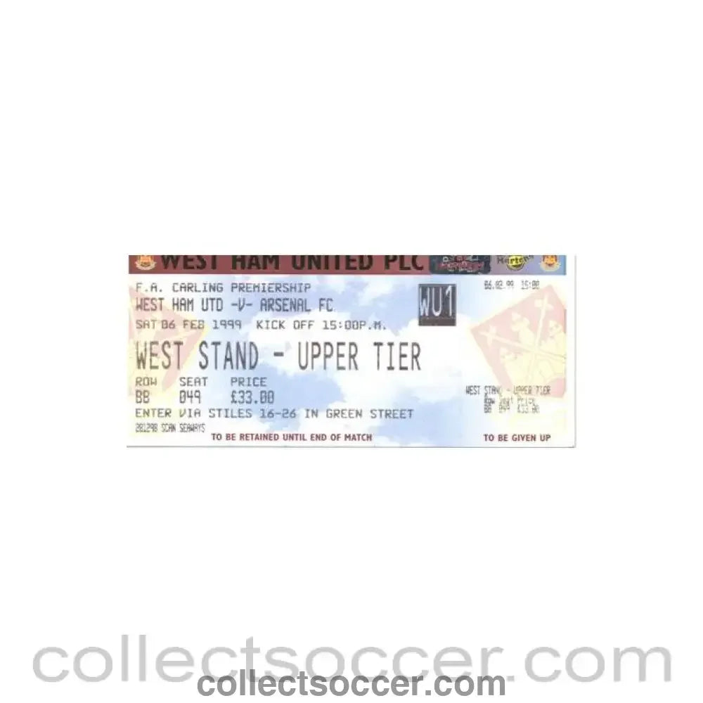1999 - West Ham United v Arsenal unused ticket 06/02/1999 Premier League