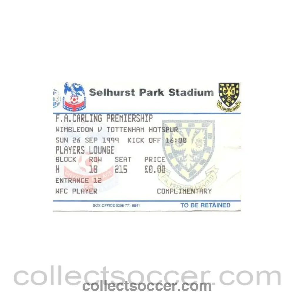 1999 - Wimbledon v Tottenham Hotspur ticket 26/09/1999 Premier League - Collect Soccer