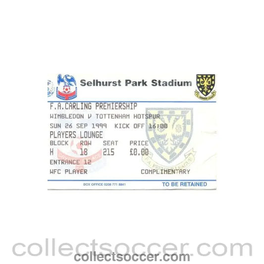 1999 - Wimbledon v Tottenham Hotspur ticket 26/09/1999 Premier League