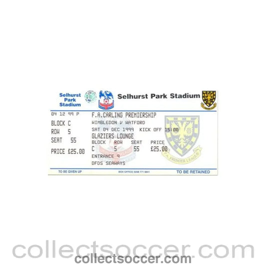 1999 - Wimbledon v Watford unused ticket 04/12/1999 Premier League