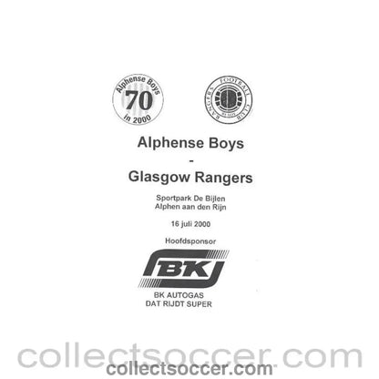 2000 - Alphense Boys v Glasgow Rangers official programme 16/07/2000 - Collect Soccer