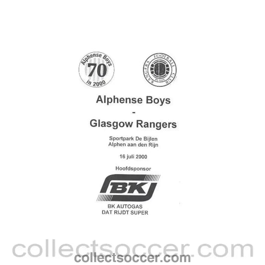 2000 - Alphense Boys v Glasgow Rangers official programme 16/07/2000 - Collect Soccer