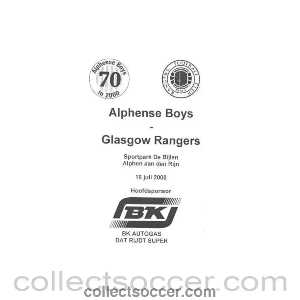 2000 - Alphense Boys v Glasgow Rangers official programme 16/07/2000 - Collect Soccer