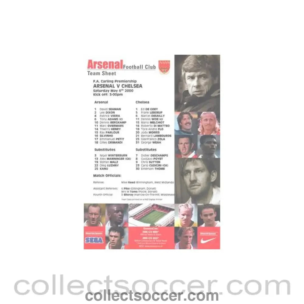 2000 - Arsenal v Chelsea official colour teamsheet 06/05/2000 Premier League