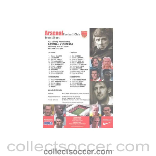 2000 - Arsenal v Chelsea official colour teamsheet 06/05/2000 Premier League