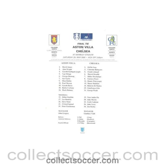 2000 - Aston Villa v Chelsea official colour teamsheet 20/05/2000 F.A. Cup - Collect Soccer