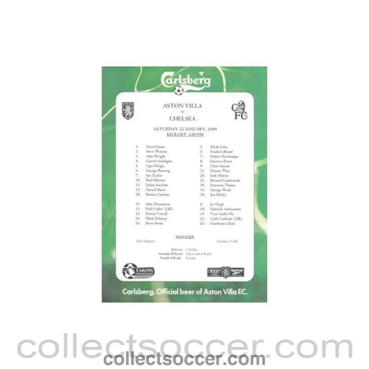 2000 - Aston Villa v Chelsea official colour teamsheet 22/01/2000 - Collect Soccer
